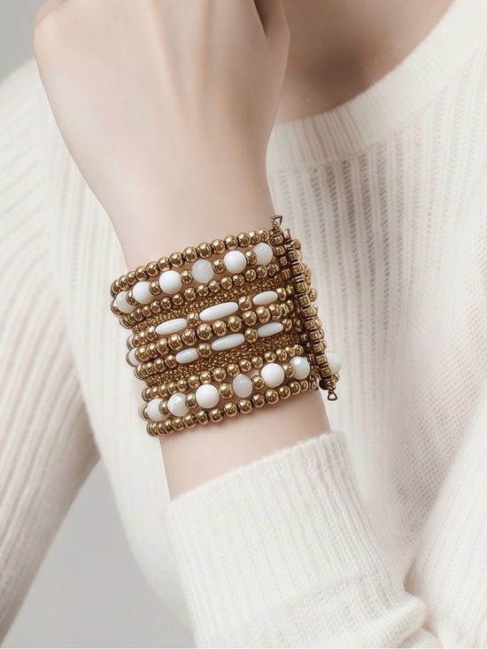 Hand Crafted Jewelry - Handcrafted Gold & White Beaded Cuff Bracelet/Resort/Vacation/Boho/$30 OBO